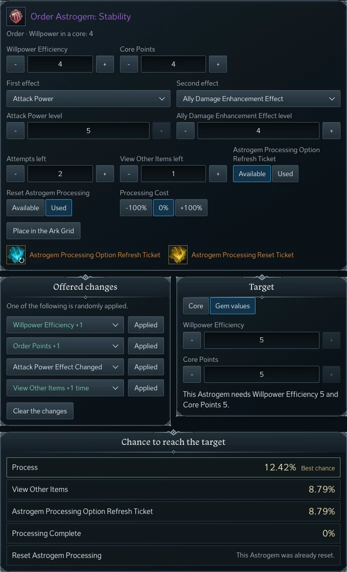 Probabilités d'Astrogem Processing sur Order Astrogem: Stability avec deux tentatives restantes, comparant traiter, View Other Items, l'Option Refresh Ticket et Processing Complete pour une Willpower Efficiency de 5 et 5 Core Points