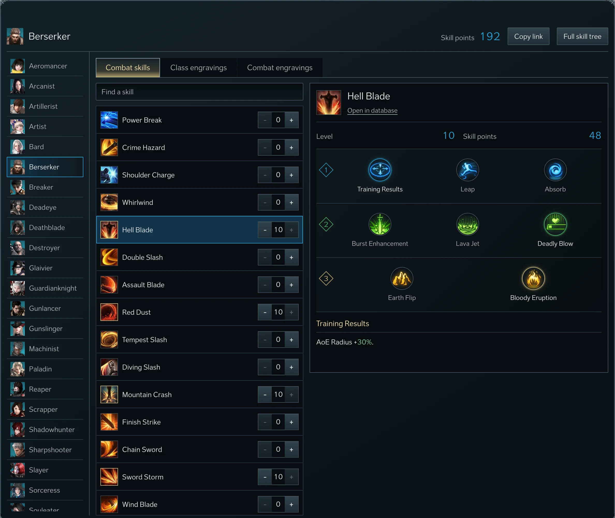 Creador de personajes con una build de Berserker, que muestra la lista de clases, los puntos de habilidad gastados y la lista de habilidades